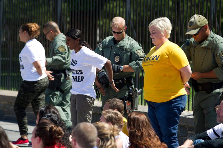 Demonstrators are arrested outside the White House in Washington on Thursday, Aug. 28, 2014 during a rally calling for President Barack Obama to stop deportations of migrants in the country illegally and to make a decision on how to provide relief for immigrant families. U.S. Park Police said 145 people were arrested. (AP Photo/Jose Luis Magana)