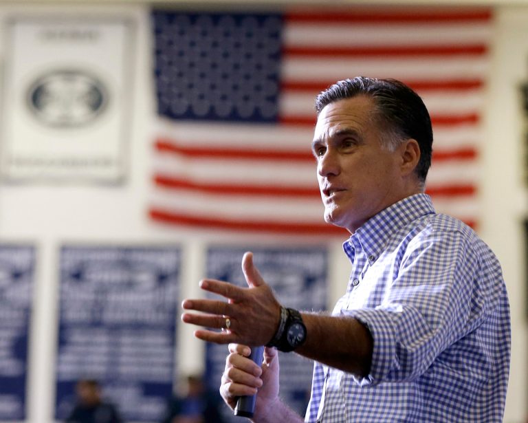 This Oct. 30, 2012, file photo shows then-Republican presidential candidate, former Massachusetts Gov. Mitt Romney speaks in Kettering, Ohio. (AP Photo/Charles Dharapak, File)