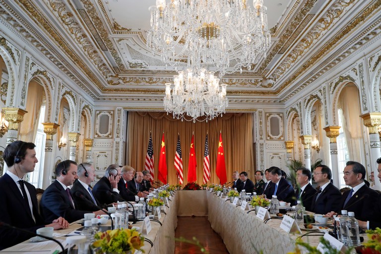 President Donald Trump, left, and Chinese President Xi Jinping participate in a bilateral meeting at Mar-a-Lago, Friday, April 7, 2017, in Palm Beach, Fla. Trump was meeting again with his Chinese counterpart Friday, with U.S. missile strikes on Syria adding weight to his threat to act unilaterally against the nuclear weapons program of China's ally, North Korea. (AP Photo/Alex Brandon)
