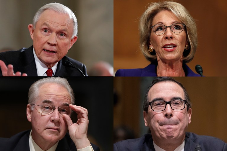 The Senate next week plans to move rapidly to confirm another wave of Trump administration appointments: Sen. Jeff Sessions for attorney general; Betsy DeVos for education secretary; Rep. Tom Price for HHS secretary and Steve Mnuchin for treasury secretary. (AP Photos)