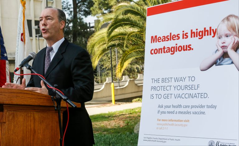 Los Angeles County Department of Public Health Interim Health Officer, Dr. Jeffrey Gunzenhauser, speaks about the state's measles outbreak during a news conference in downtown Los Angeles on Wednesday. (AP/Nick Ut)