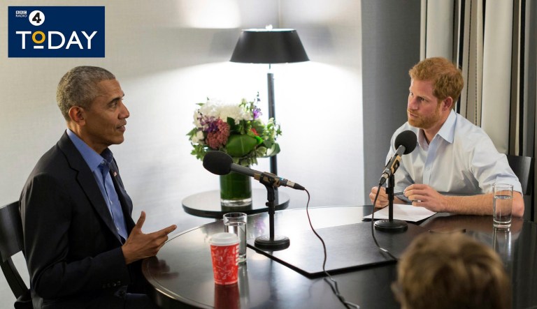 In this undated BBC handout photo made available on Wednesday, former President Barack Obama, left, is interviewed by Britain's Prince Harry for the BBC Radio 4 Today program that he guest edited. When the prince asked Obama about his views on internet speech, Obama said, 