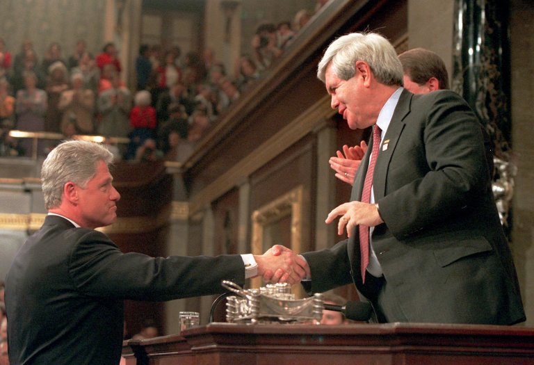 President Clinton shakes hands with House Speaker Newt Gingrich prior to giving his State of the Union address, Tuesday, Jan. 23, 1996, on Capitol Hill. (AP Photo/Denis Paquin)