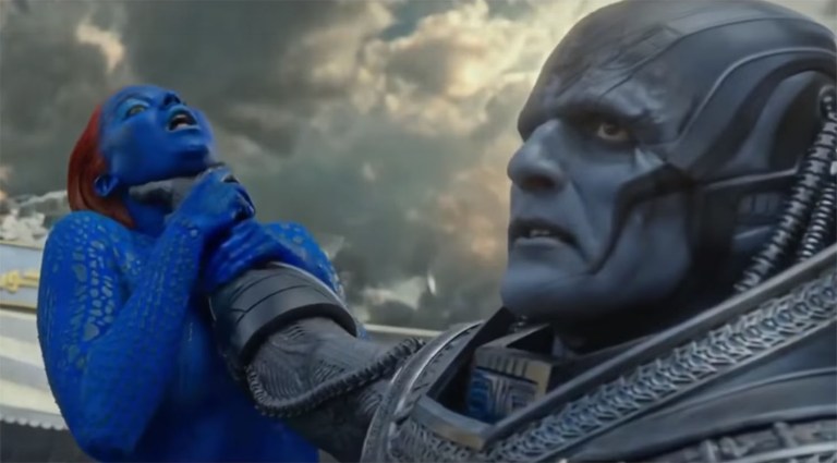 A depiction of Apocalypse (played by Oscar Isaac) choking Mystique (played by Jennifer Lawrence) in 