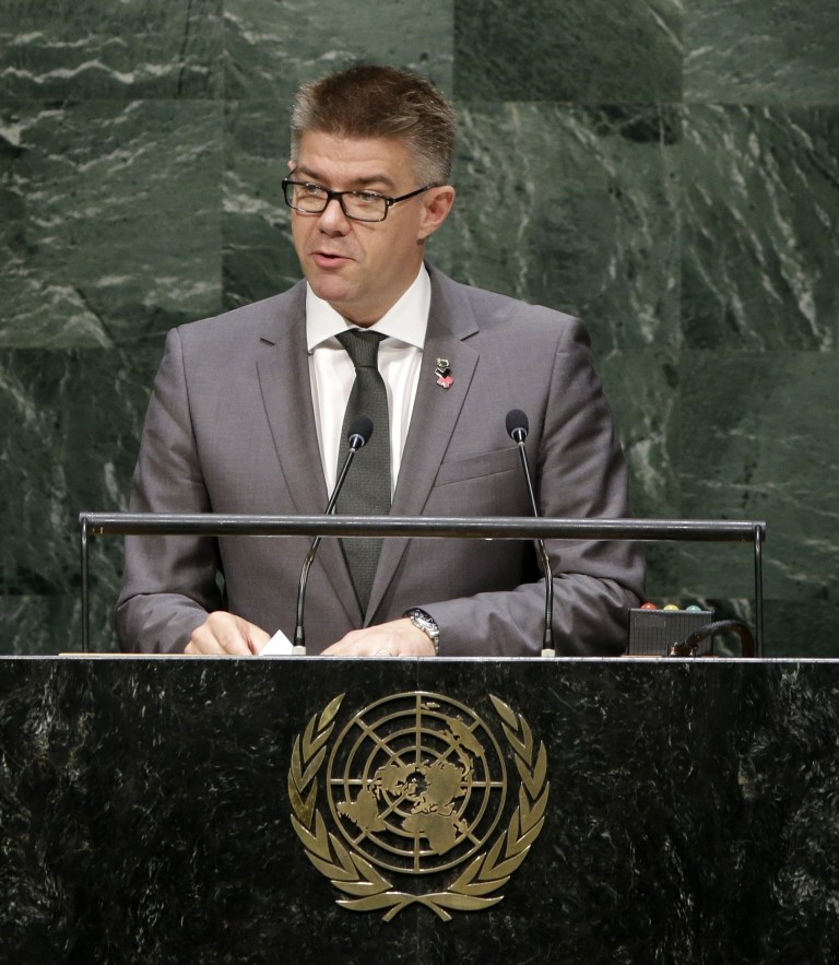Gunnar Bragi Sveinsson, Minister for Foreign Affairs of Iceland, speaks during the 69th session of the United Nations General Assembly at U.N. headquarters, Monday, Sept. 29, 2014. (AP Photo/Seth Wenig)