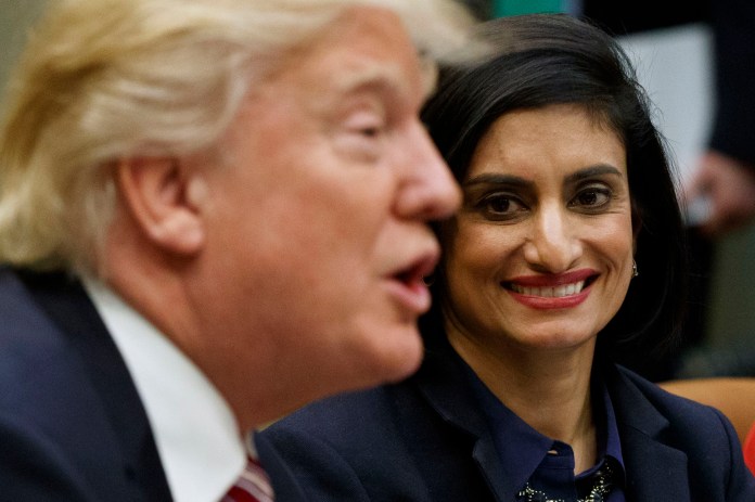 Administrator of the Centers for Medicare and Medicaid Services Seema Verma with President Trump. Verma said the waiver isn't a long-term solution, "but it does stabilize Alaska's insurance market." (AP Photo/Evan Vucci)