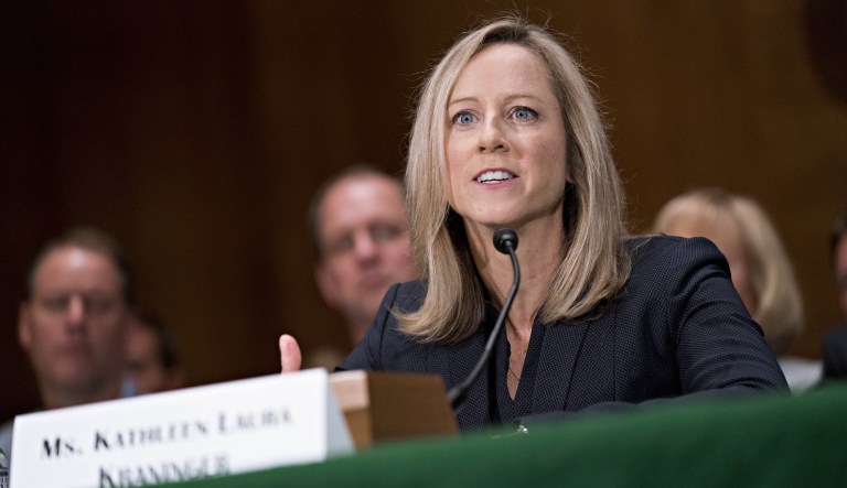 Kathy Kraninger, director of the Consumer Financial Protection Bureau nominee, speaks during a Senate Banking Committee confirmation hearing in Washington, D.C., on Thursday, July 19, 2018.
