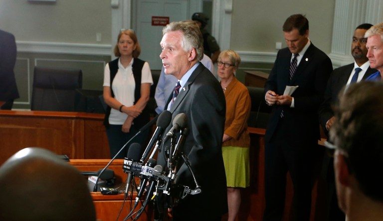 Virginia Gov. Terry McAuliffe addresses a news conference concerning the white nationalist rally and violence in Charlottesville, Va., Saturday, Aug. 12, 2017.