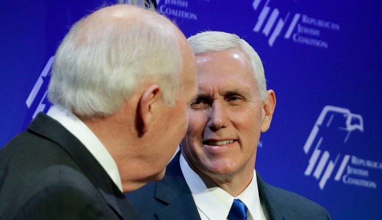 Vice President Mike Pence, right, stands on stage with former Vice President Dick Cheney at the Republican Jewish Coalition annual leadership meeting, Friday, Feb. 24, 2017, in Las Vegas. 