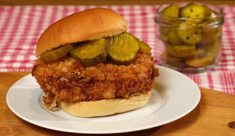 In this May 23, 2016 photo, a fried chicken sandwich styled by Sarah Abrams is displayed at the Institute of Culinary Education in New York. Created by Elizabeth Karmel as a public homage to the Chick-fil-A sandwiches she grew up eating, Karmelâs âchickwichâ is dipped three times before cooking, for an extra crispy crust. 