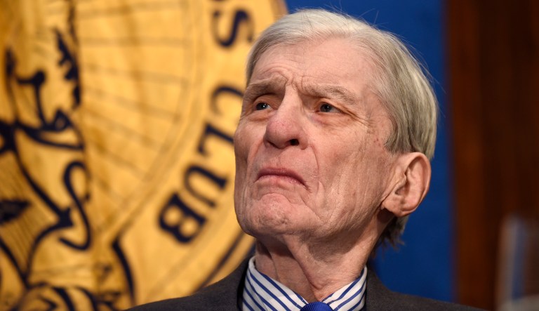 Former Virginia Sen. John Warner, also a former Navy secretary, listens as Chief of Naval Operations Adm. John Richardson speaks at the National Press Club in Washington, Monday, Jan. 11, 2016.