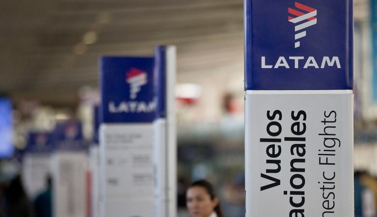 LATAM airlines kiosks stand inside the airport in Santiago, Chile, on July 25, 2016.