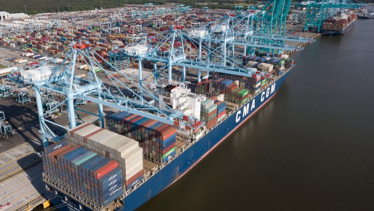 A container ship is unloaded at the Virginia International Gateway terminal in Norfolk, Va., Friday, May 10, 2019. President Donald Trump's latest tariff hike on Chinese goods took effect Friday and Beijing said it would retaliate, escalating a battle over China's technology ambitions and other trade tensions. 