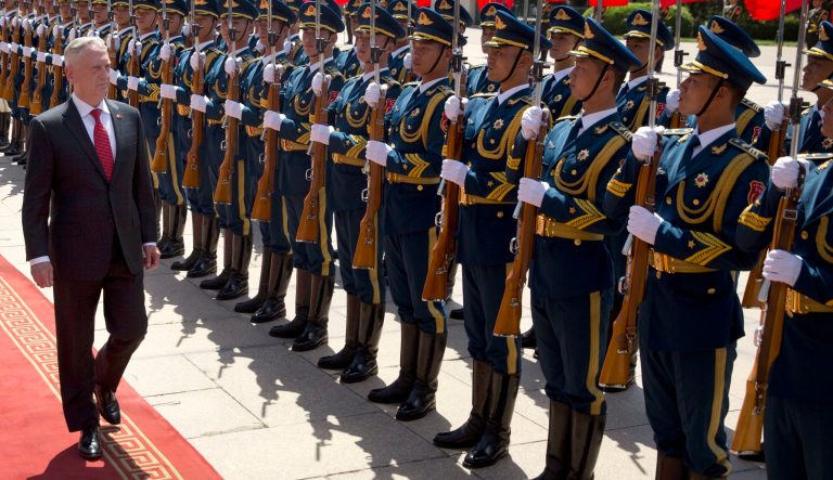 Defense Secretary Jim Mattis reviews an honor guard during a welcome ceremony at the Bayi Building in Beijing, Wednesday, June 27, 2018.