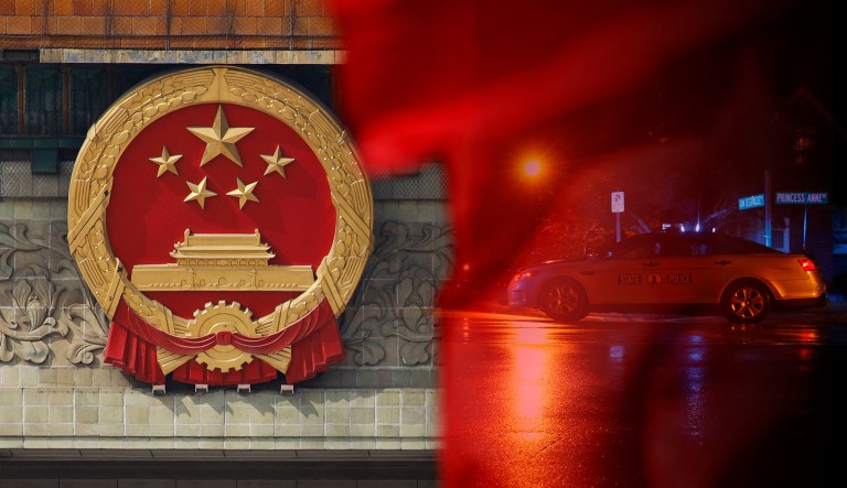 The National Emblem of China is shown on the left; a Virginia State Police is parked in Virginia Beach, Va., on the right.