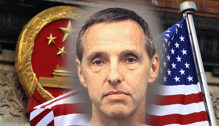 Kevin Mallory, who was convicted of espionage, is pictured in front; a U.S. flag is shown with a Chinese seal at the back.