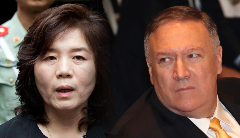 Choe Son Hui of North Korea and Mike Pompeo of the U.S. are seen.