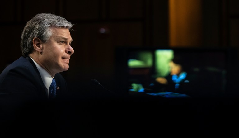 FBI Director Christopher Wray testifies before the Senate Judiciary Committee on Capitol Hill in Washington, Tuesday, March 2, 2021. (Graeme Jennings/Washington Examiner)