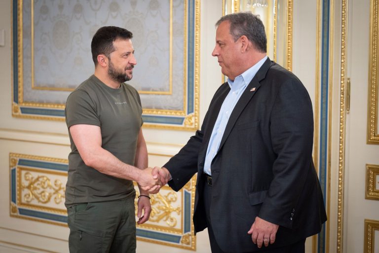 In this photo provided by the Ukrainian Presidential Press Office, Ukrainian President Volodymyr Zelenskyy, left, and Republican presidential candidate former New Jersey Gov. Chris Christie shake hands during their meeting in Kyiv, Ukraine, Friday, Aug. 4, 2023.