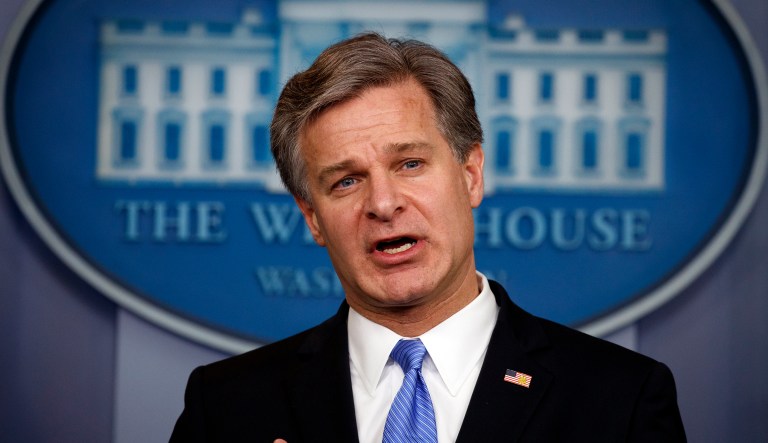 FBI Director Christopher Wray speaks during the daily press briefing at the White House, Thursday, Aug. 2, 2018, in Washington.
