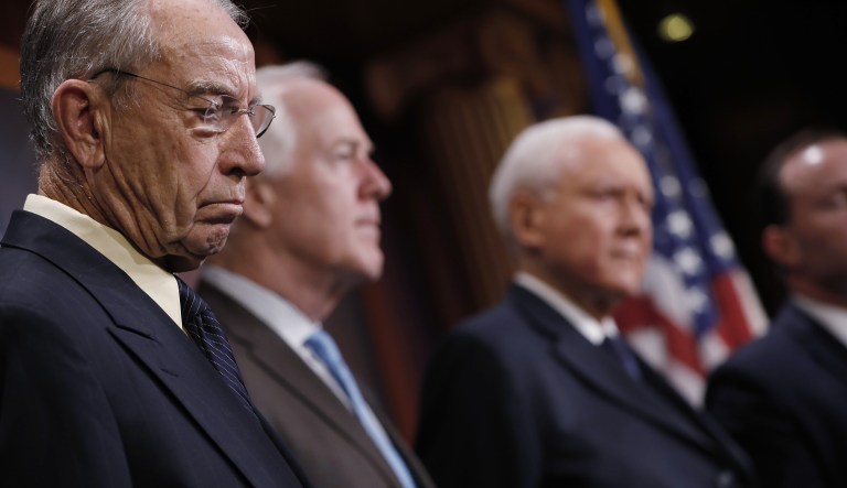 Senator Chuck Grassley, a Republican from Iowa, listens during a news conference on Capitol Hill in Washington, D.C., U.S., on Thursday, Oct. 4, 2018. Senate Republicans pushed toward a make-or-break test vote on Supreme Court nomineeÂ Brett KavanaughÂ as key GOP holdoutsÂ Jeff FlakeÂ andÂ Susan CollinsÂ said an FBI investigation prompted by sexual misconduct allegations against him appeared to be thorough.