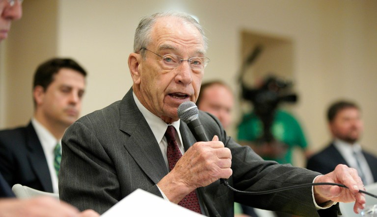 Sen. Chuck Grassley, R-Iowa, asks a question during a field hearing of the Senate Committee on Environment and Public Works, in Glenwood, Iowa, Wednesday, April 17, 2019. The hearing was called to investigate the U.S. Army Corps of Engineers' Management of the 2019 Missouri River Basin Flooding.