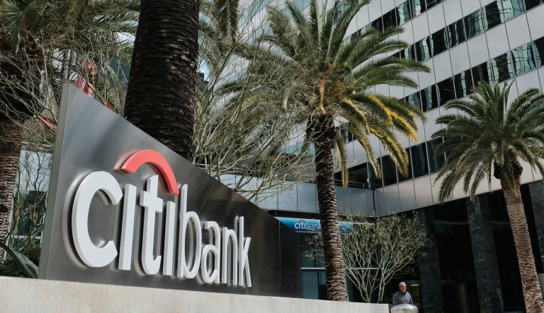 This March 23, 2018 photo shows the entrance to Citibank at the Citigroup Center in downtown Los Angeles.