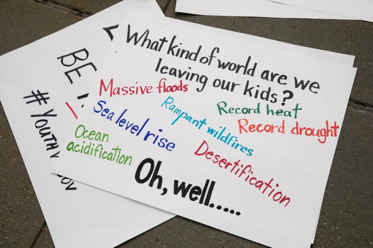 Demonstrators takes part in a rally outside the US Supreme Court, Monday, October 29, 2018, in support of Juliana vs U.S., lawsuit on behalf of 21 youth plaintiffs arguing the government has violated constitutional rights for more than fifty years by contributing to climate change. 