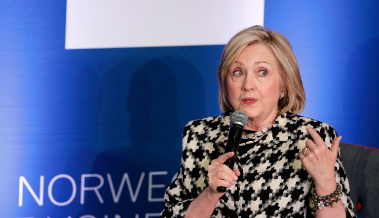 Former US Secretary of State, Hillary Rodham Clinton, attends international conference focusing on gender equality at BI Norwegian Business School, in Oslo, Friday March 8, 2019.