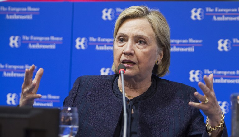 Hillary Clinton, former U.S. secretary of state, speaks during the Ambrosetti Forum in Cernobbio, Italy, on Saturday, Sept. 7, 2019. The 45th annual forum is titled "Intelligence On The World, Europe And Italy".
