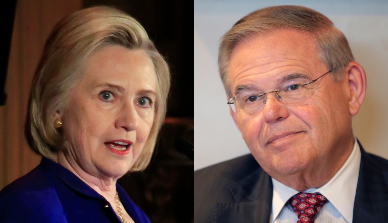 Hillary Clinton (left) and Sen. Bob Menendez, D-N.J., (right) are pictured.
