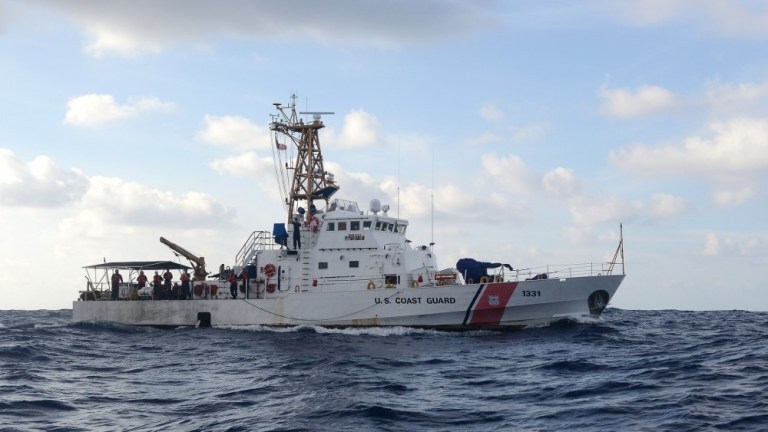 The crew of the Coast Guard Cutter Washington participates in Operation Kurukuru off Palau, Oct. 10, 2019. 