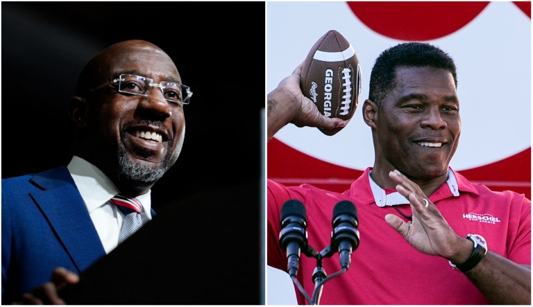 The candidates for the Dec. 6, 2022 Senate runoff in Georgia, Sen. Raphael Warnock (D-GA) and former football player Herschel Walker (R-GA)