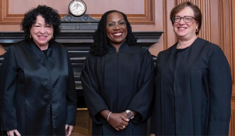 Liberal Justices Sonia Sotomayor, Ketanji Brown Jackson, and Elena Kagan, stand for a photo during Jackson's formal investiture.