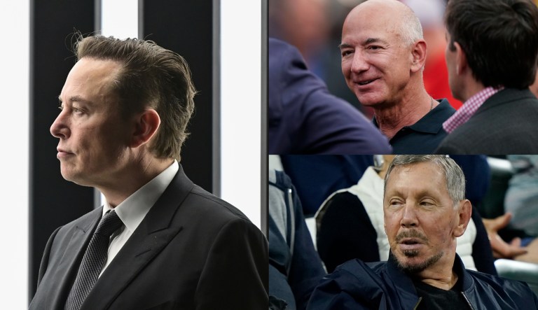 Tesla and X owner Elon Musk, left, Amazon founder Jeff Bezos, top right, and Oracle Corporation Chairman Larry Ellison, bottom right.