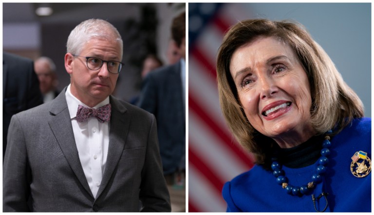 Speaker Pro Tempore Patrick McHenry and former House Speaker Nancy Pelosi (D-CA)