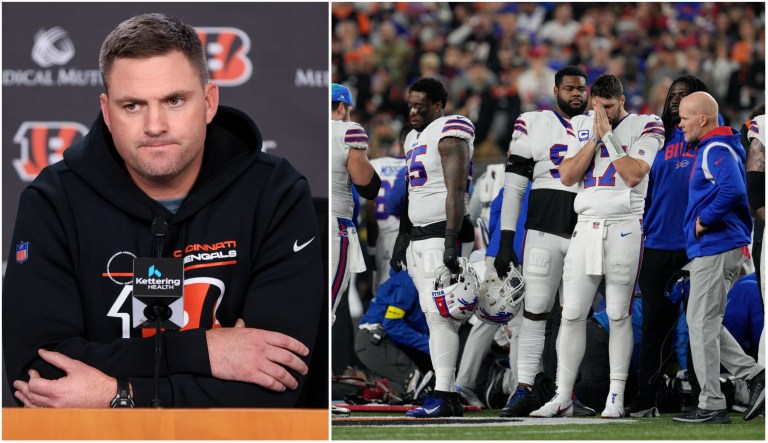 Cincinnati Bengals head coach Zac Taylor and the Buffalo Bills team surrounding Bills Safety Damar Hamlin after he collapsed during a game Jan. 2, 2023.