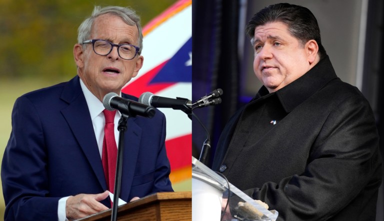 Ohio Gov. Mike DeWine (R), left, and Illinois Gov. J. B. Pritzker (D), right.