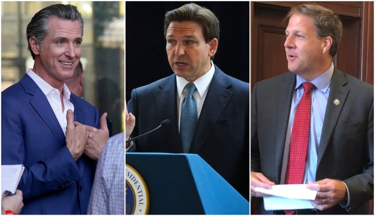 Govs. Gavin Newsom (D-CA), Ron DeSantis (R-FL), and Chris Sununu (R-NH)