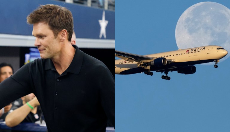 Tom Brady, left, and a plane for Delta Air Lines, right.