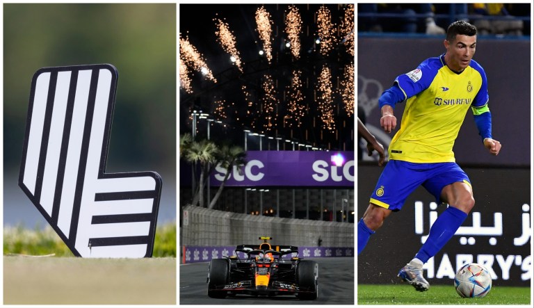 The LIV Golf logo, the Saudi Arabia Formula One Grand Prix,and Al Nassr's Cristiano Ronaldo
