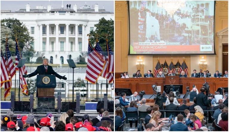 Then-President Donald Trump speaking at the Ellipse in Washington, D.C. on Jan. 6, 2021 and the House Select Committee investigating the Attack on the U.S. Capitol on January 6, 2021 meeting for a public hearing on June 28, 2022.