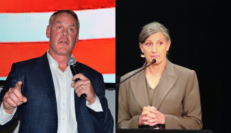 Republican Ryan Zinke, left, and Democrat Monica Tranel, right, compete for the 1st Congressional District in Montana.