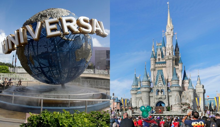 The Universal globe outside Universal Studios Florida, left, and the Cinderella Castle at the Magic Kingdom at Walt Disney World, right.