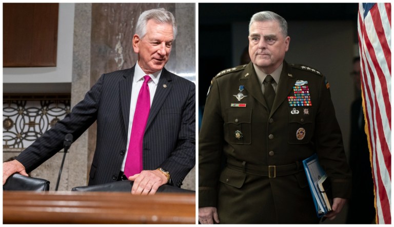Sen. Tommy Tuberville (left) and Gen. Mark Milley (right)