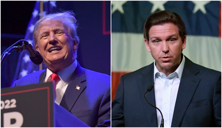 Former President Donald Trump speaking in Davenport, Iowa, on March 13 and Gov. Ron DeSantis (R-FL) speaking in Davenport, Iowa, on March 10.