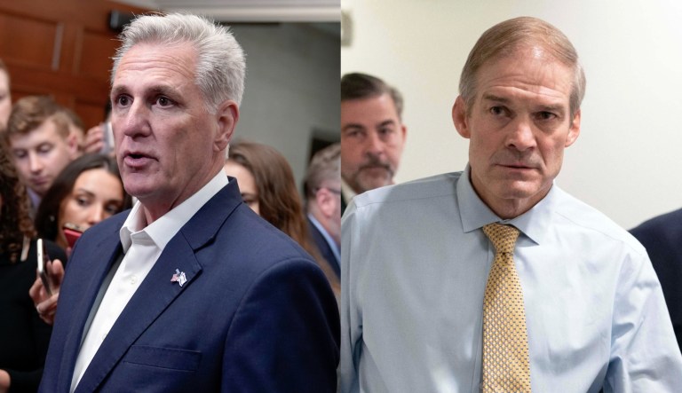 Former House Speaker Kevin McCarthy (R-CA), left, and Rep. Jim Jordan (R-OH), right.