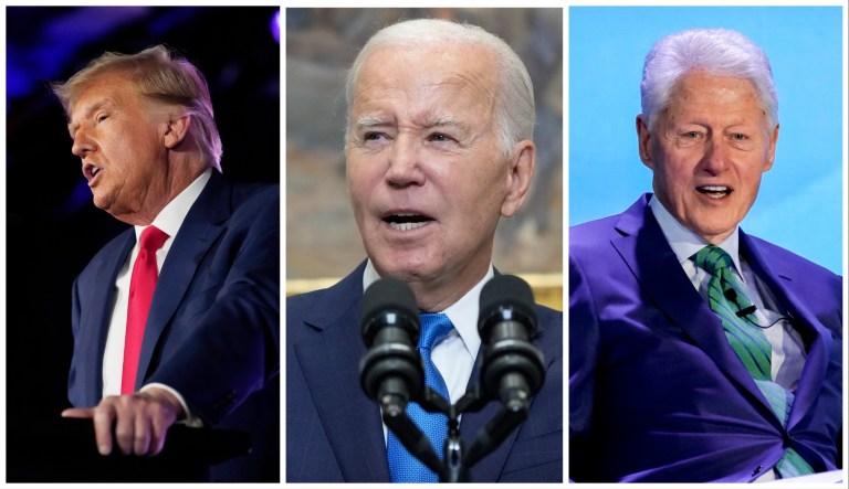Left: Former President Donald Trump; Center: President Joe Biden; Right: Former President Bill Clinton