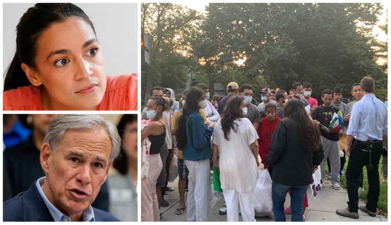 Alexandria Ocasio-Cortez (top left); Greg Abbott (bottom left); the scene outside Kamala Harris's residence September 15 (right)