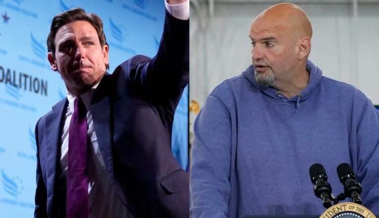 Florida Gov. Ron DeSantis (R), left, and Sen. John Fetterman (D-PA), right.